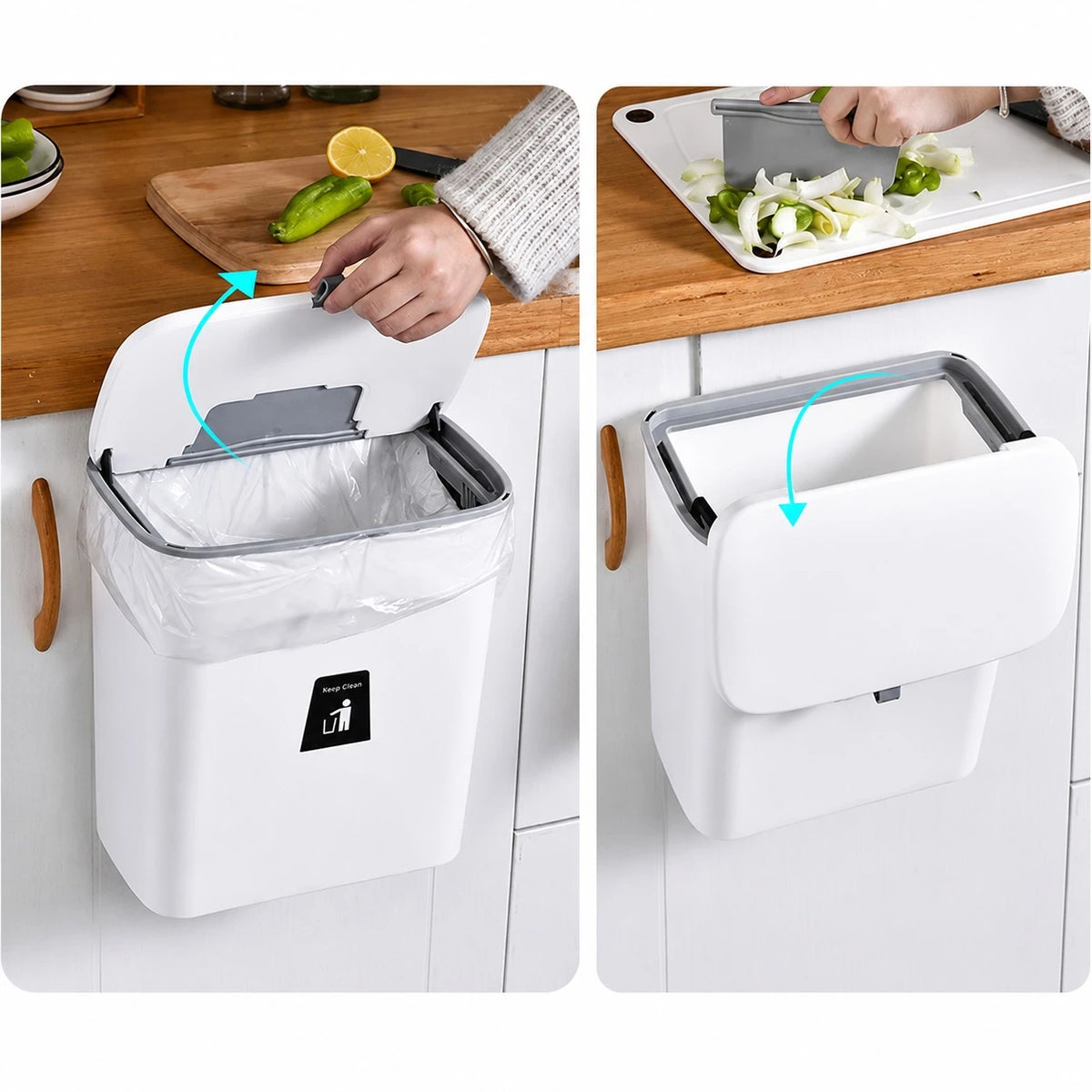 Wall Hanging Kitchen Trash Bin with Lid Cabinet Hanging Garbage Bin Wall Mounted Waste Bin Plastic Trash Can with Adhesive Holder - Image 6