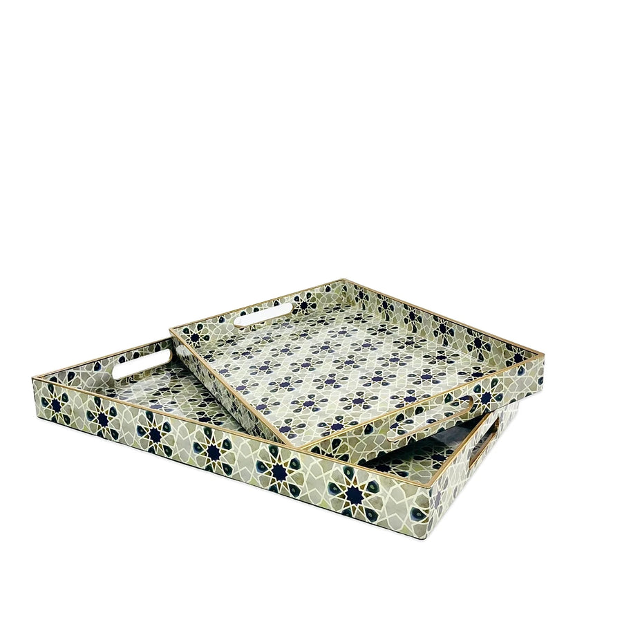 Arabesque Decorative Rectangular Serving Tray Set 2 Pieces Teal Gold Coffee Dessert Hosting