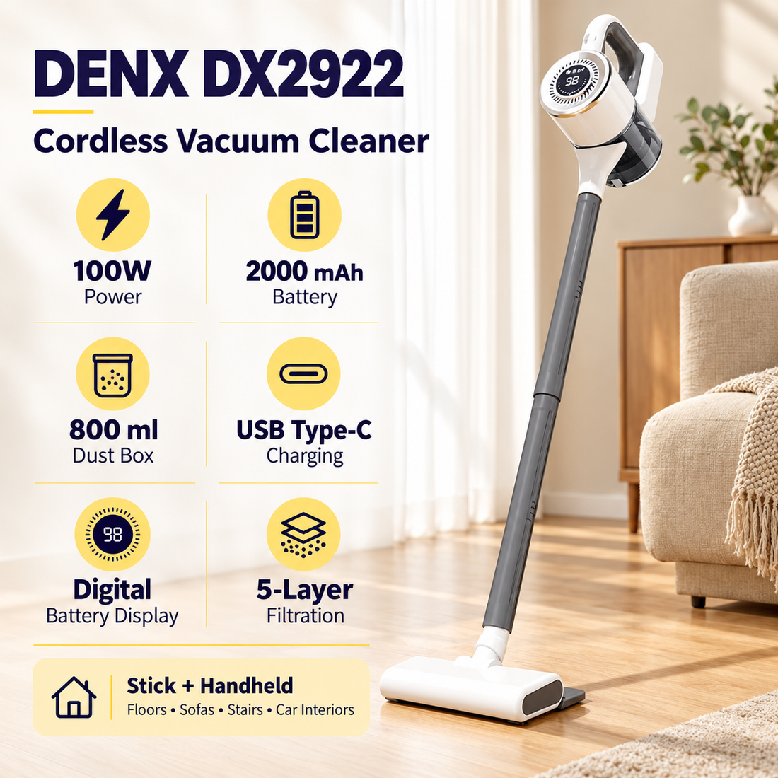 DENX Rechargeable Wireless Vacuum Cleaner 100W