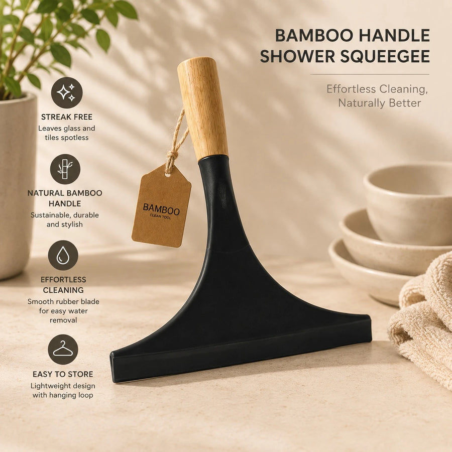 Shower Squeegee Bamboo Handle Window Glass Cleaner Bathroom Wiper