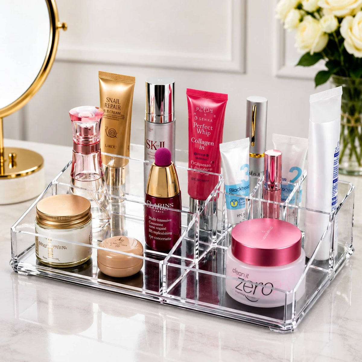 Transparent Acrylic Makeup Organizer Cosmetic Storage Tray Vanity Desk Organizer