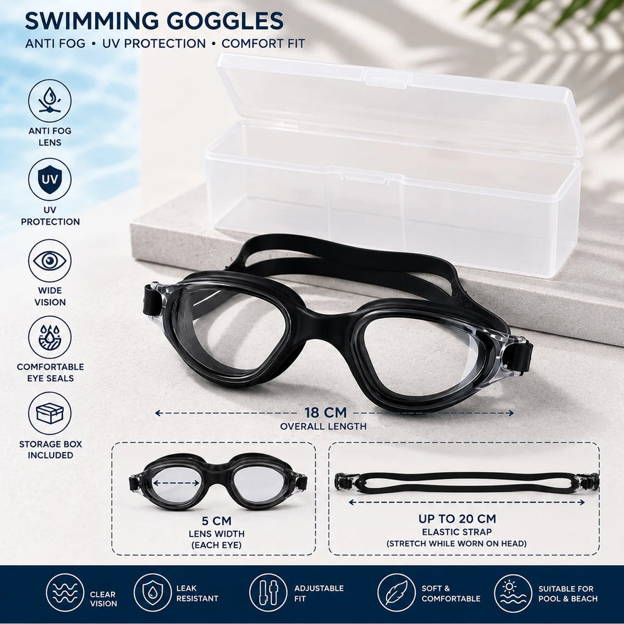 Swimming Goggles Anti Fog UV Protection Waterproof Swim Glasses Adjustable Elastic Strap Wide Vision Leak Resistant Pool Beach Training Goggles with Storage Case