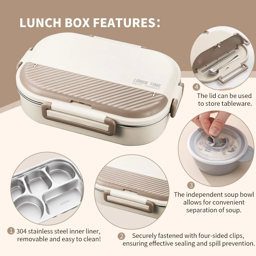 2000ml Stainless Steel Bento Lunch Box, Brown Lid - Image 2