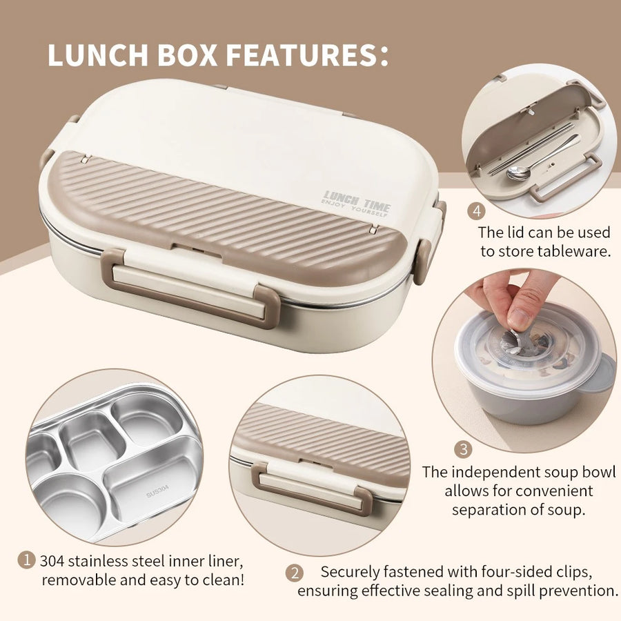 2000ml Stainless Steel Bento Lunch Box, Brown Lid