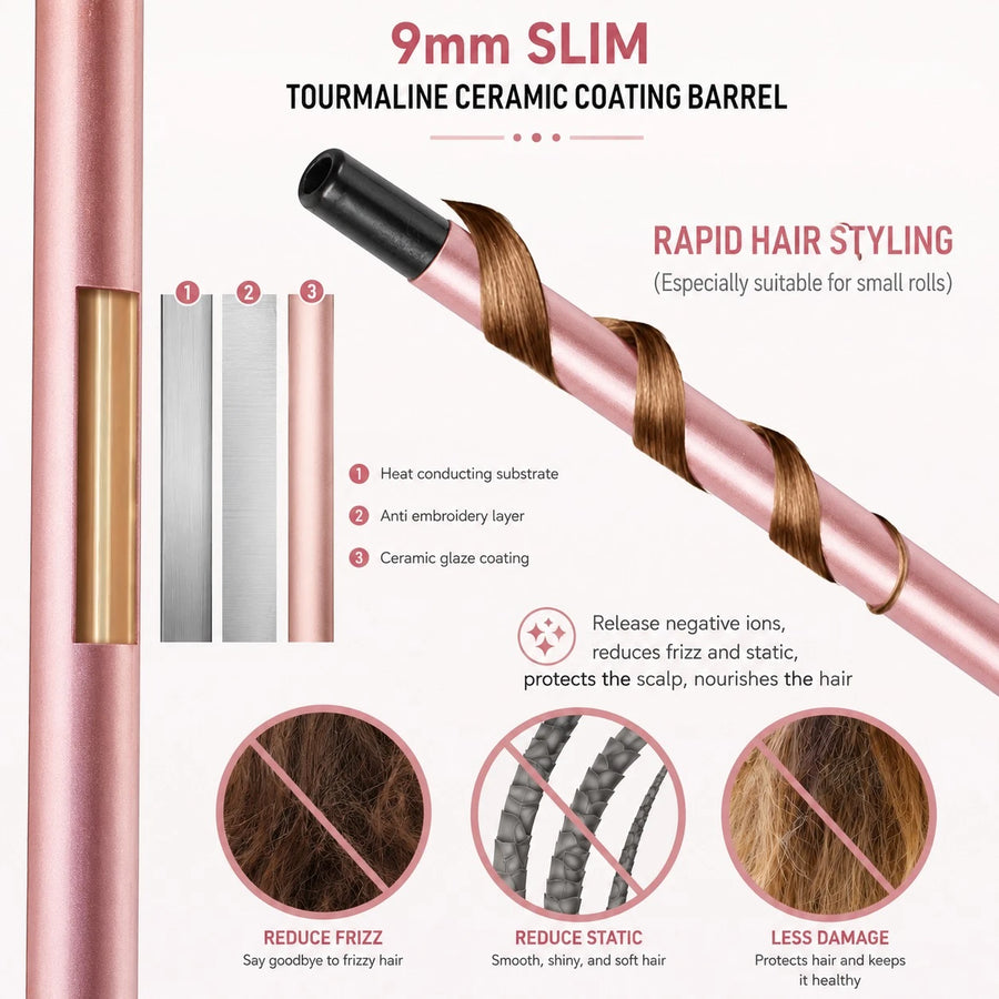 MoeHair 9mm Slim Ceramic Hair Curler Wand LCD Display Tourmaline Ceramic Curling Iron Hair Styling Wand 45W–65W