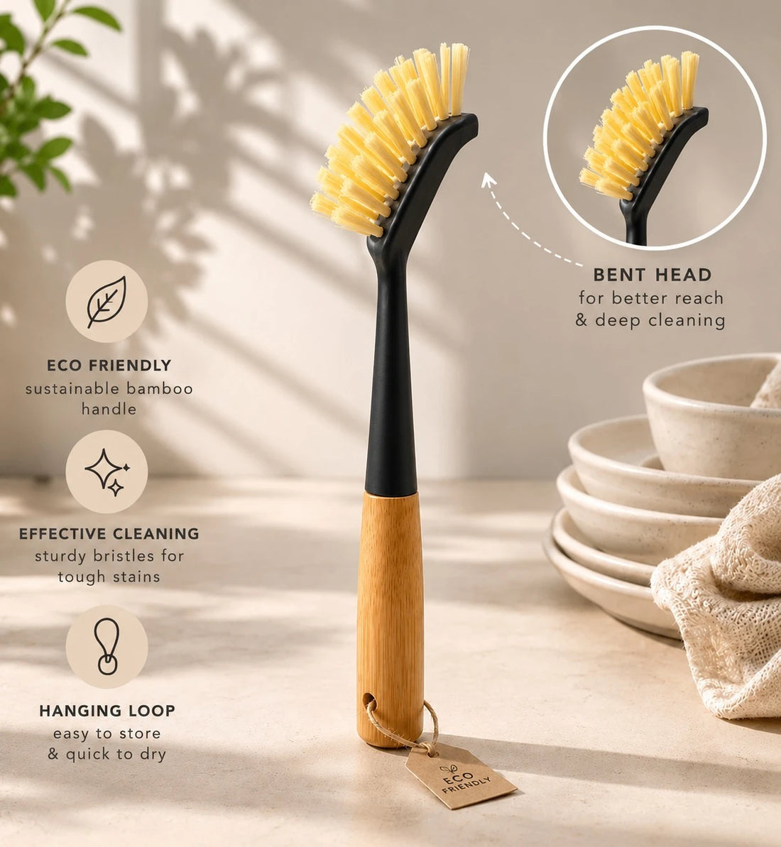 Bamboo Handle Dish Cleaning Brush with Curved Head and Hanging Loop for Kitchen Cleaning