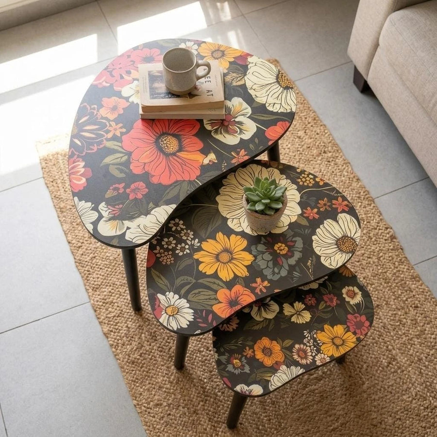 Nesting Floral Coffee Table Set of 3 Modern Side Tables with Interchangeable Legs for Living Room
