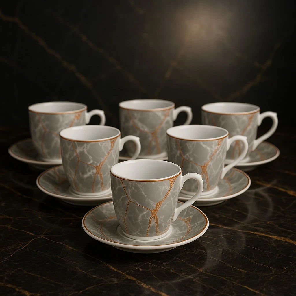 Set of 6 Gray Marble Coffee Espresso Cups