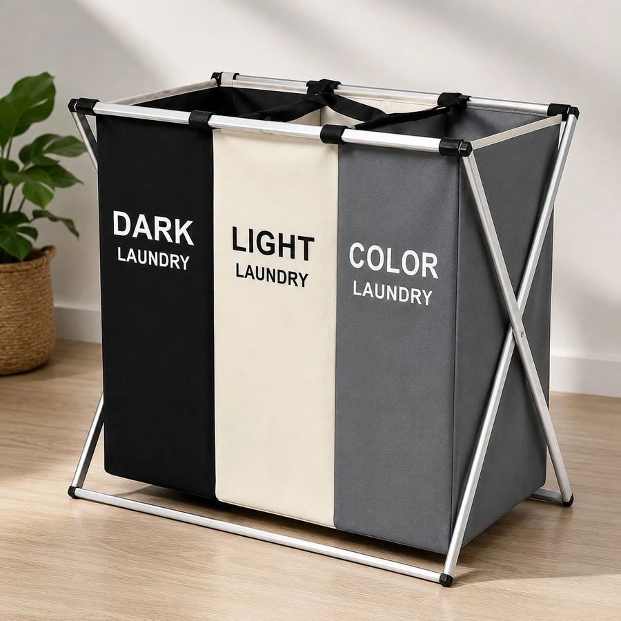 Triple Compartment Dark Light Color Laundry Basket Foldable Oxford Cloth Clothes Hamper Organizer