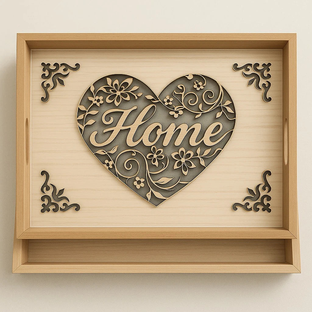 Heart Engraved Wooden Tray Set