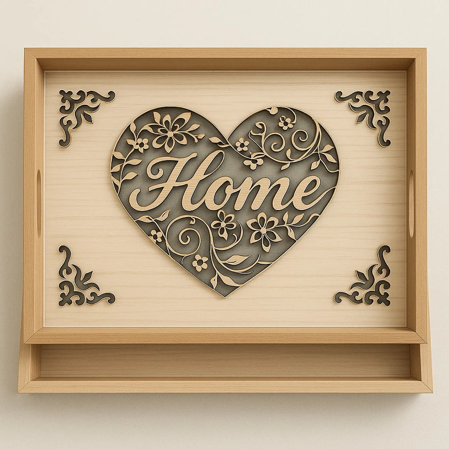 Heart Engraved Wooden Tray Set