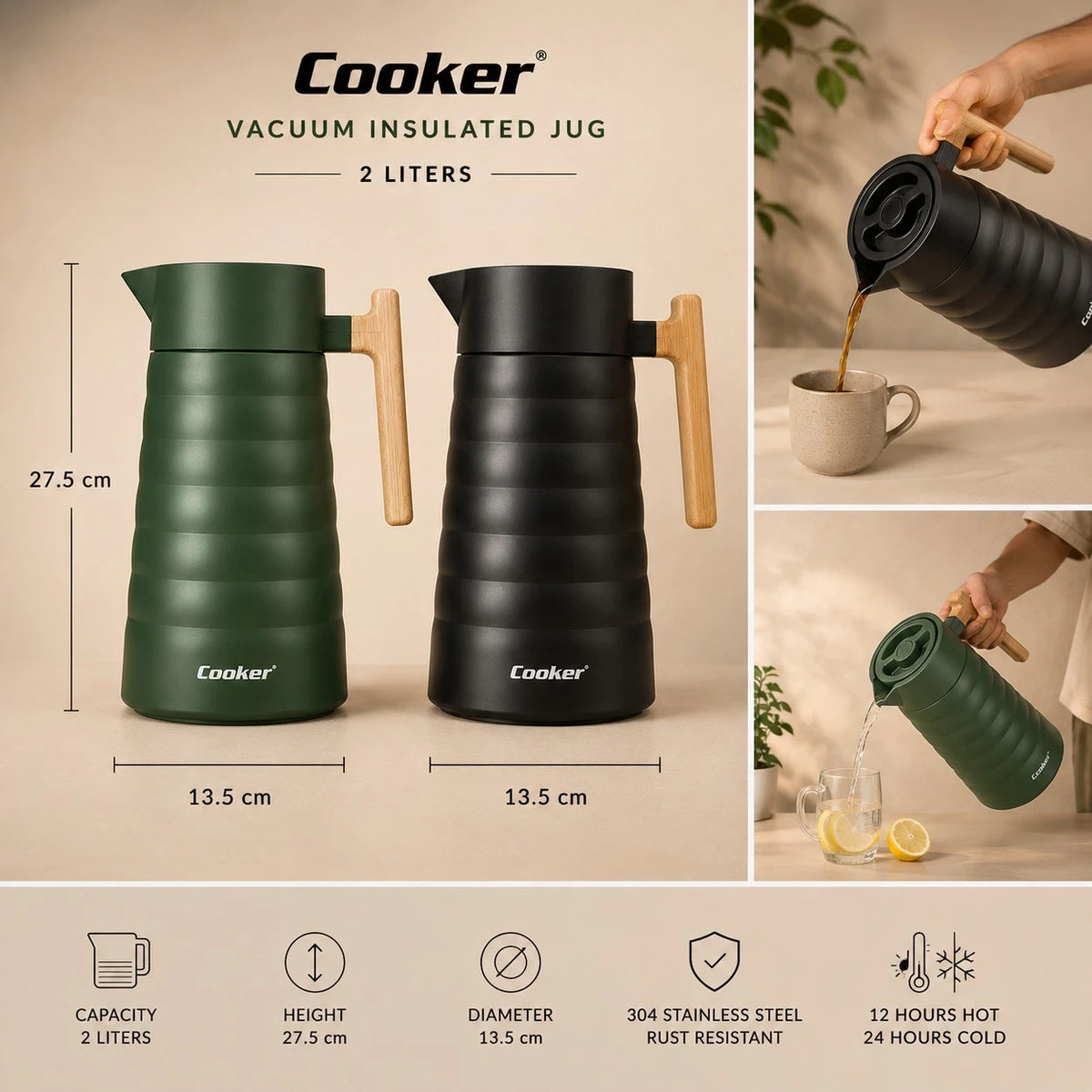 Cooker Thermos 2 Liters Vacuum Insulated Jug Thermos Hot Cold Flask 304 Stainless Steel