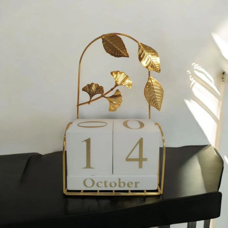 Floral Perpetual Desk Calendar with Wooden Date Blocks and Decorative Gold Leaf Design