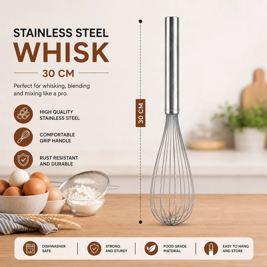 Stainless Steel Whisk Kitchen Egg Beater Mixing Whisk Baking Tool 30CM