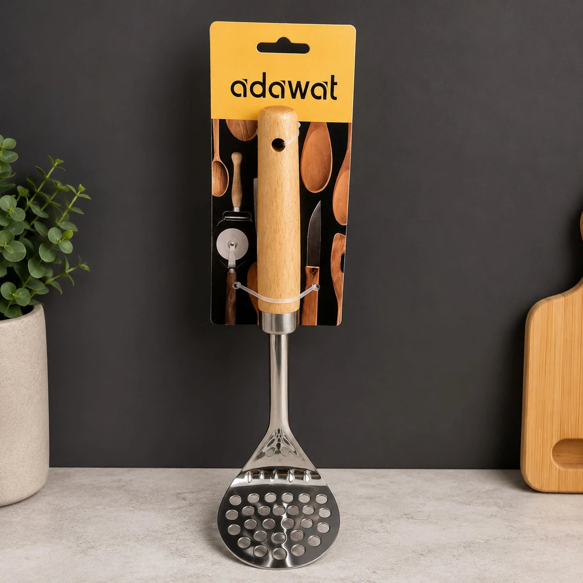 Adawat Stainless Steel Potato Masher Wooden Handle Kitchen Press Masher Vegetable Fruit Food Masher 26.5cm