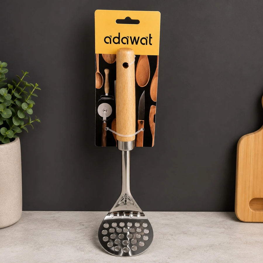 Adawat Stainless Steel Potato Masher Wooden Handle Kitchen Press Masher Vegetable Fruit Food Masher 26.5cm