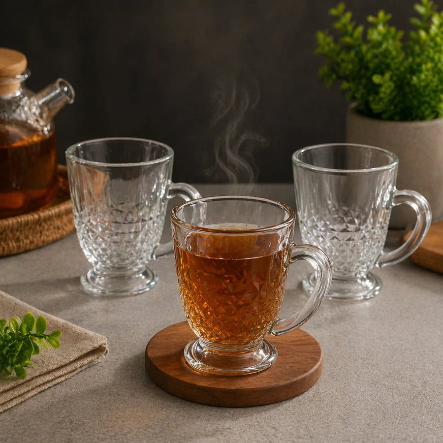 Clear Glass Tea Cups Pack of 3 120 ml Small Mug Set Ribbed Pattern Coffee Tea Cups with Handle