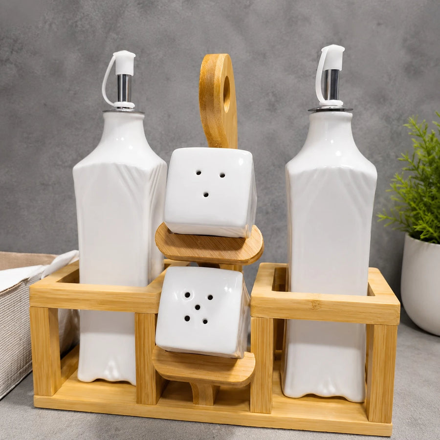 Porcelain Oil Vinegar Salt And Pepper Set Kitchen Condiment Dispenser Bottles With Bamboo Holder