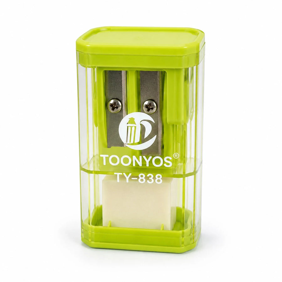 Double Hole School Pencil Sharpener with Shavings Container Eraser & Back Mirror