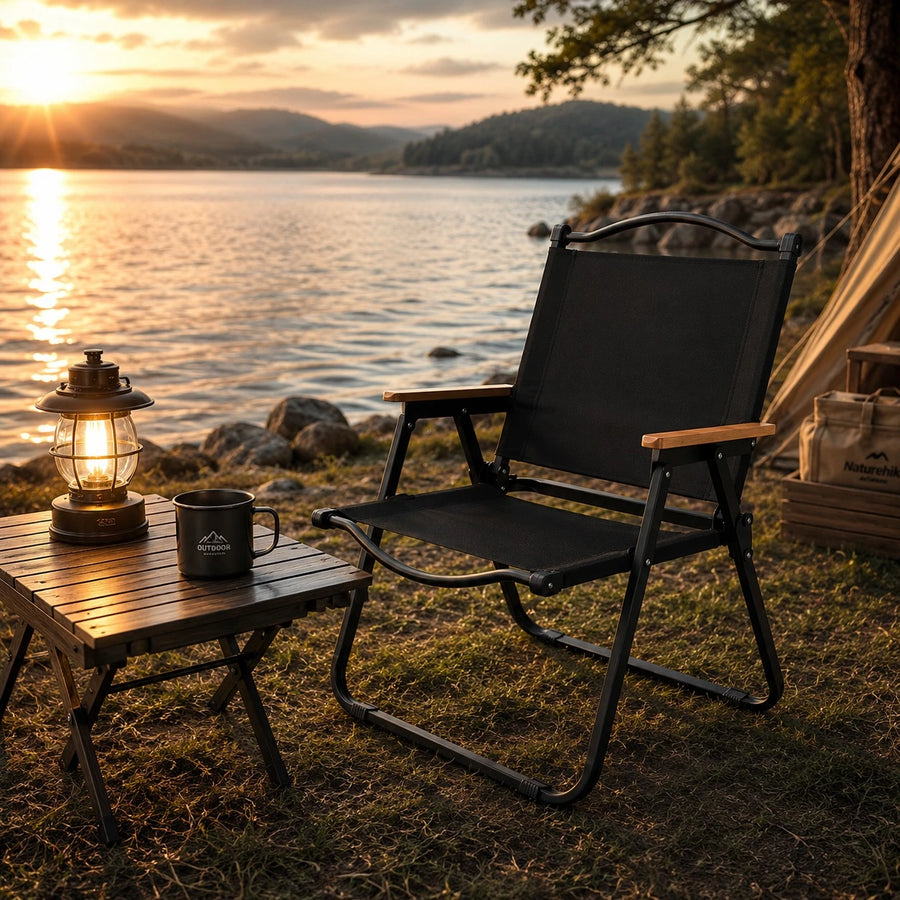 Folding Camping Chair Heavy Duty Outdoor Garden Chair Portable Black Oxford Cloth Chair With Wooden Armrests