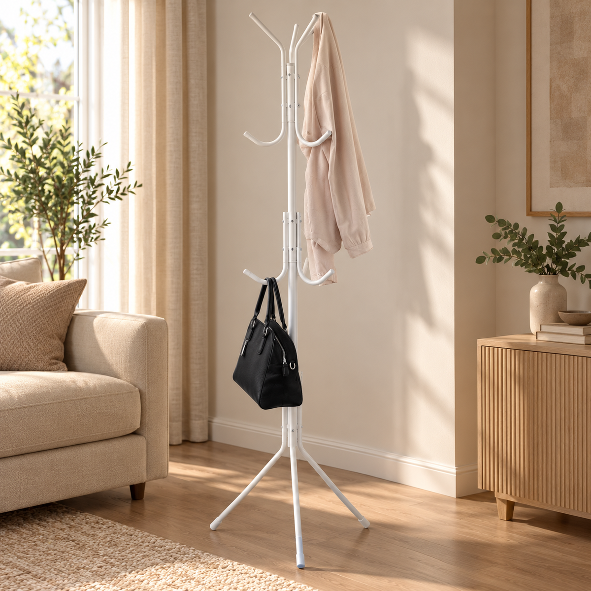 White Multi Level Coat Rack with Hooks