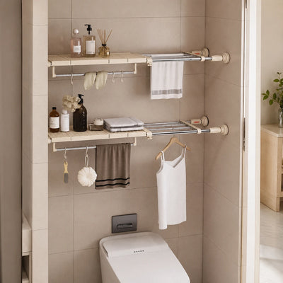 Adjustable Telescopic Storage Shelf with 2 Tiers and Hanging Rods 90–160 cm