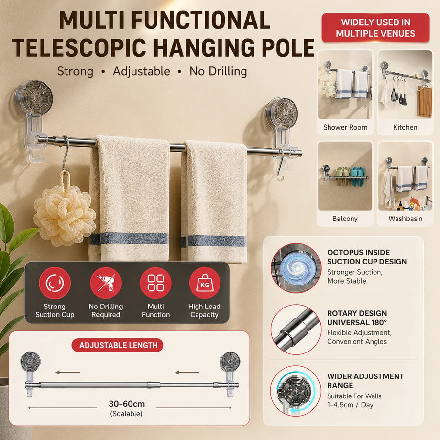Adjustable Suction Cup Telescopic Towel Rack Bathroom Kitchen Wall Storage Bar
