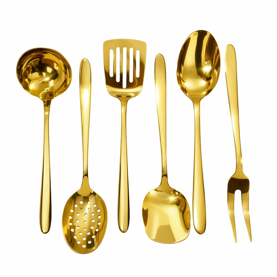 Gold Stainless Steel Kitchen Utensil Set Cooking Utensils Set Metal Cooking Tools Kitchen Serving Utensils Set of 6 Gold