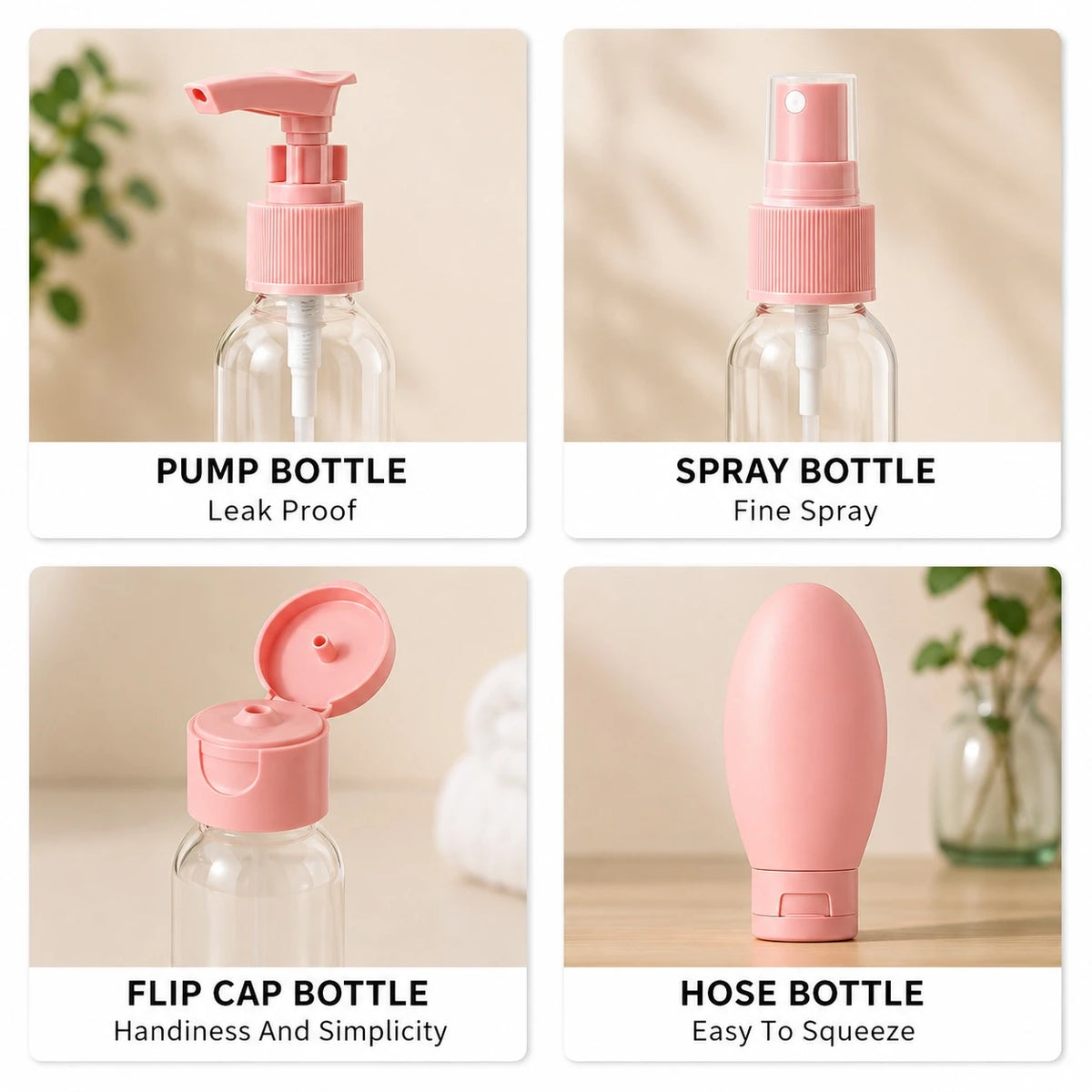 Travel Toiletry Bottle Set with Silicone Squeeze Bottles Cosmetic Jars Spray Pump Bottles Funnel and Waterproof Bag