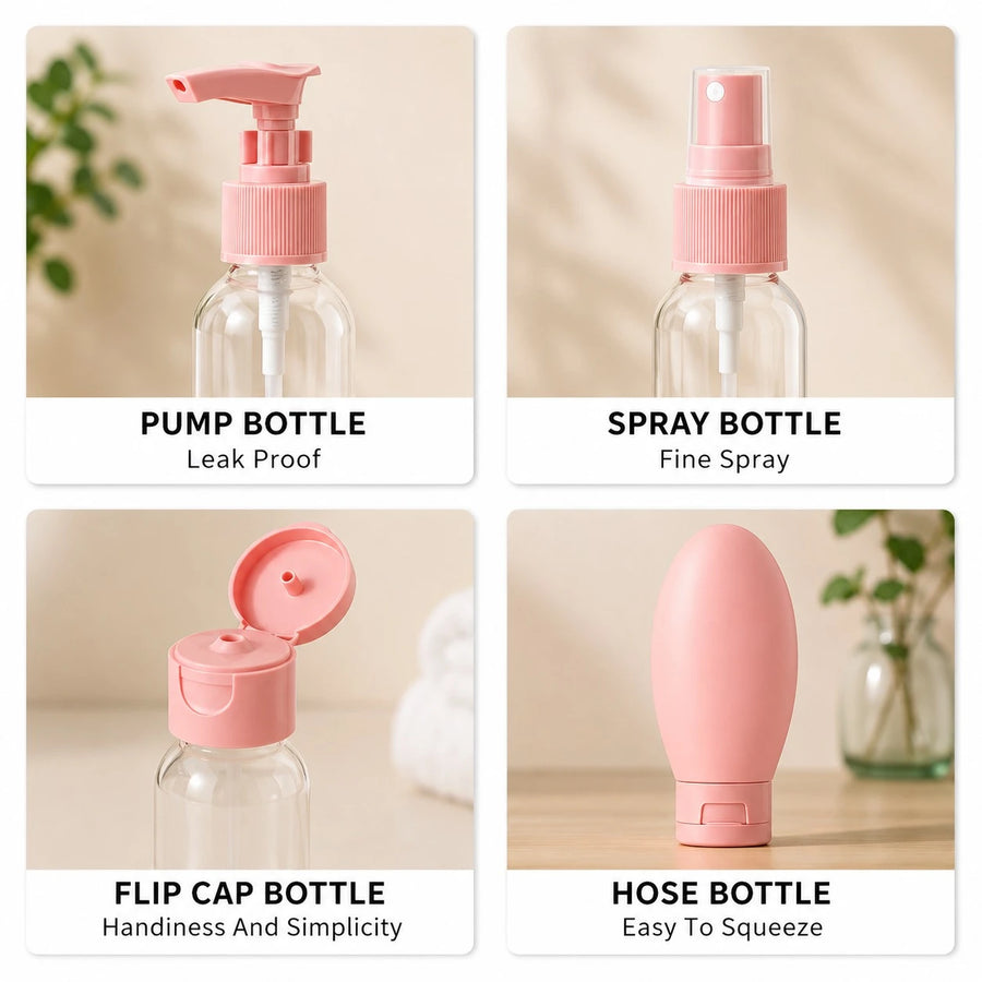 Travel Toiletry Bottle Set with Silicone Squeeze Bottles Cosmetic Jars Spray Pump Bottles Funnel and Waterproof Bag