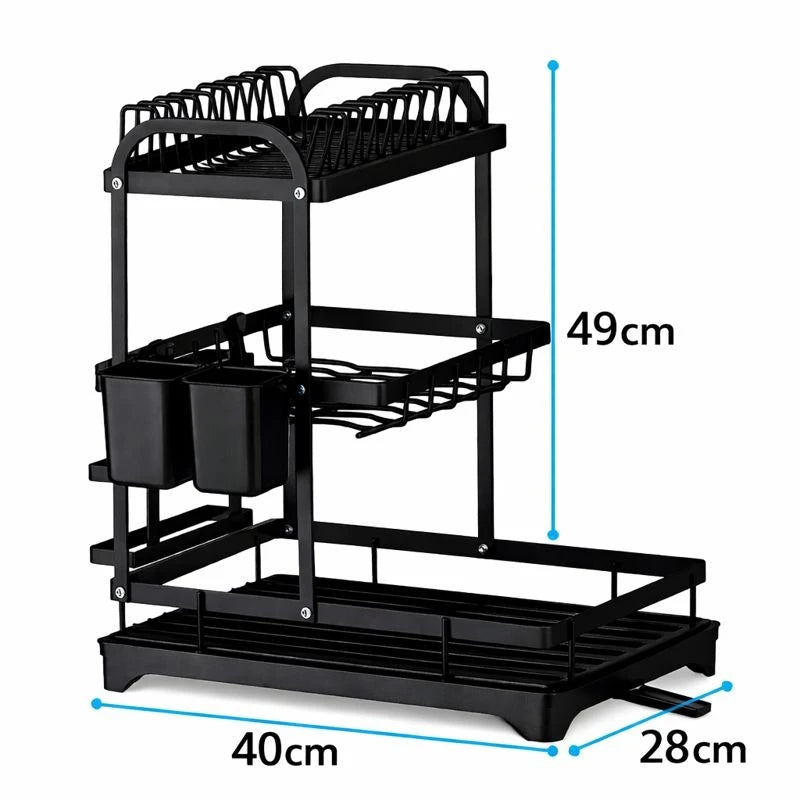 3-Tier Metal Dish Drying Rack with Drain Tray, Utensil Holder & Cup Storage – Black