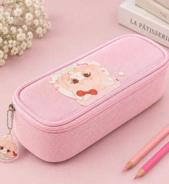 Pink Cute Cartoon School Pencil Case with Character Charm