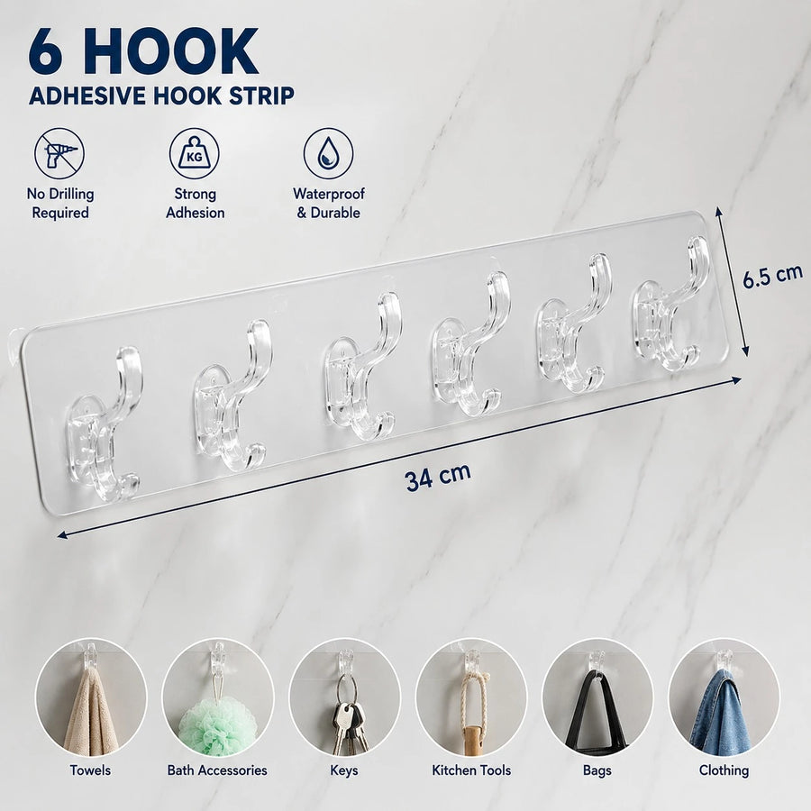 Transparent Self Adhesive 6 Hook Wall Hanger Rack Clear Multi-Purpose Door & Bathroom Organizer Hooks