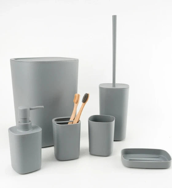 6 Piece Plastic Bathroom Accessories Set with Trash Bin Soap Dispenser Toothbrush Holder Tumbler Soap Dish and Toilet Brush