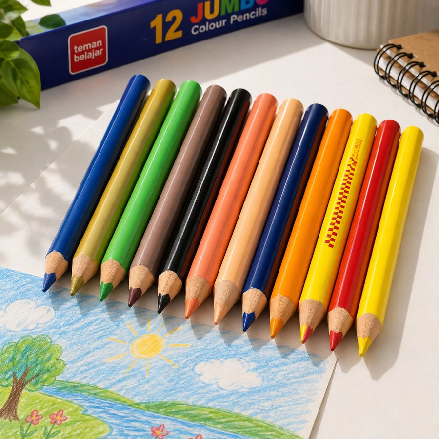 Jumbo Colored Pencils Set of 12 Non Toxic Colouring Pencils for Kids School Drawing Art and Creative Activities