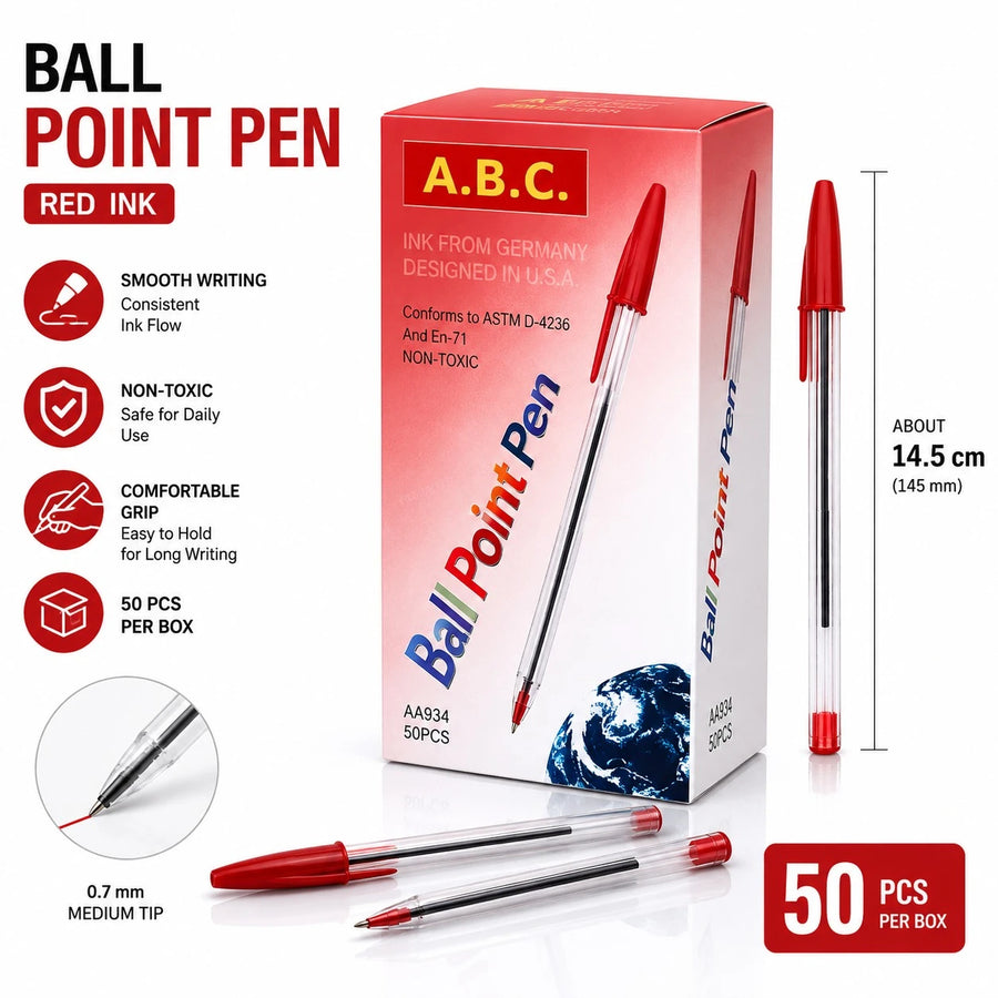 Red Ball Point Pens Box of 50 Smooth Writing Non Toxic Pens for Office School Study and Everyday Writing