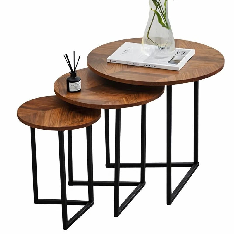 Dark Walnut Coffee Table Set of 3 Modern Round Metal Base Nesting Accent Tables Living Room Side Tables