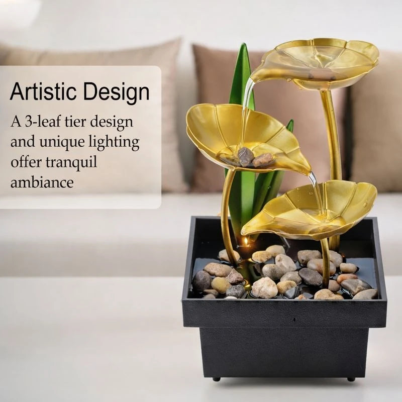 Decorative Tabletop Water Fountain Gold Lotus Leaf Indoor Zen Waterfall LED Light Home Office Relaxation Decor