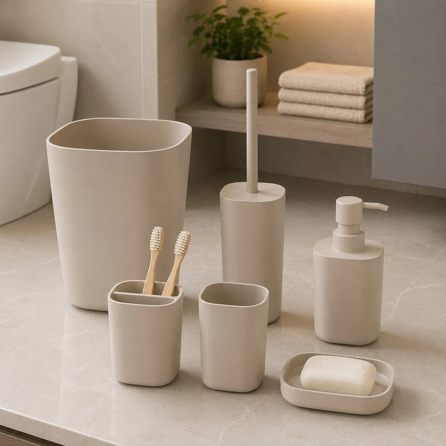 6 Piece Beige Plastic Bathroom Accessories Set with Trash Bin Soap Dispenser Toothbrush Holder Tumbler Soap Dish and Toilet Brush