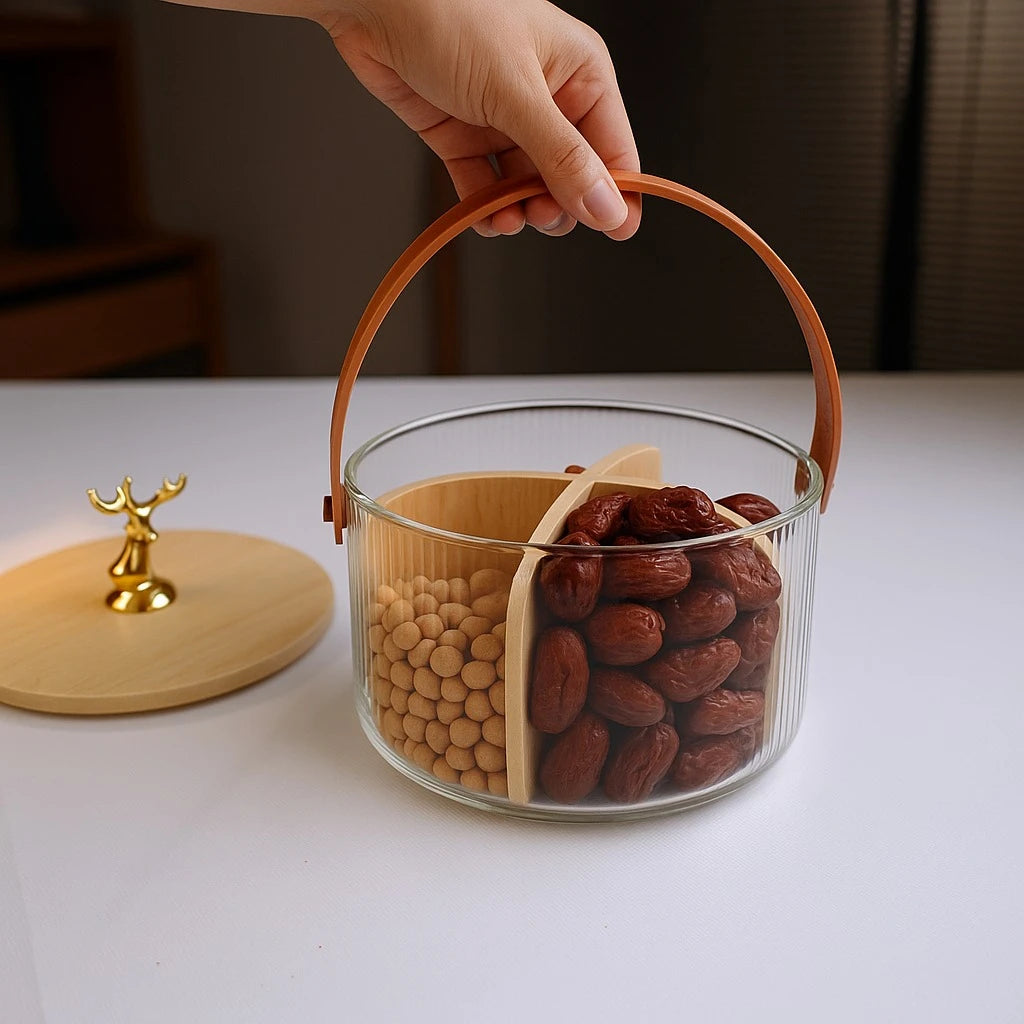 Golden Deer Glass Snack Jar with Bamboo Divider Storage for Nuts, Candies, Snacks & Home Serving
