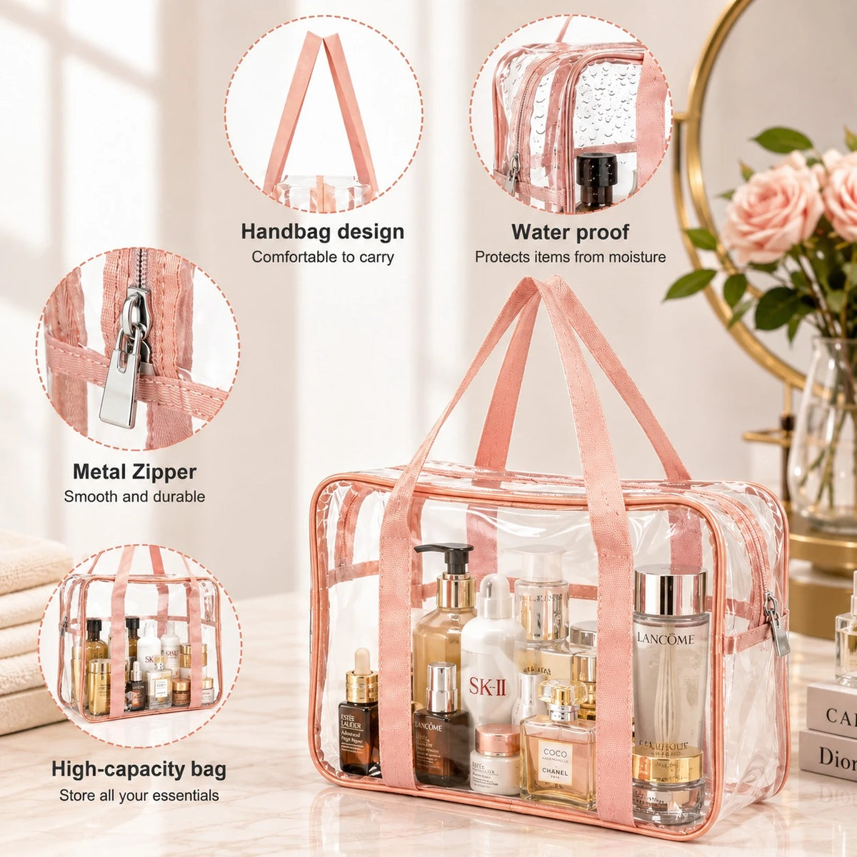 Clear Transparent School Storage Bag with Pink Handles & Metal Zipper Multipurpose Organizer for Stationery Travel Beauty & Personal Care