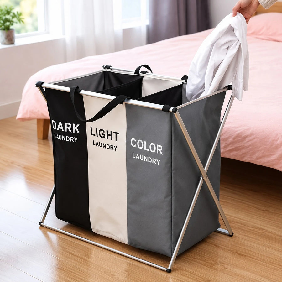 Triple Compartment Dark Light Color Laundry Basket Foldable Oxford Cloth Clothes Hamper Organizer