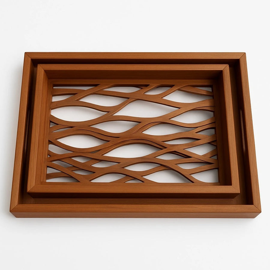 Set of 2 Carved Wooden Trays