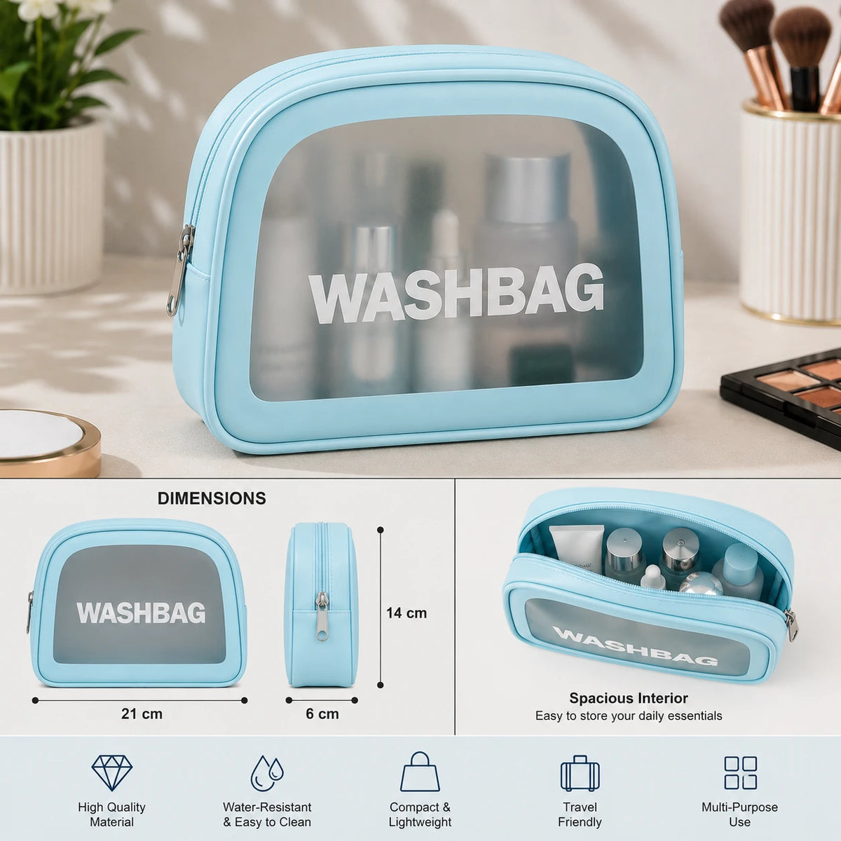 Blue Minimalist Transparent Washbag Pouch Travel Cosmetic Toiletry Organizer