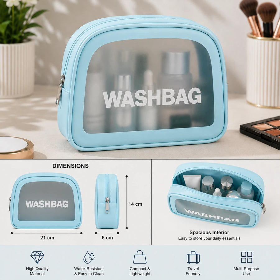 Blue Minimalist Transparent Washbag Pouch Travel Cosmetic Toiletry Organizer
