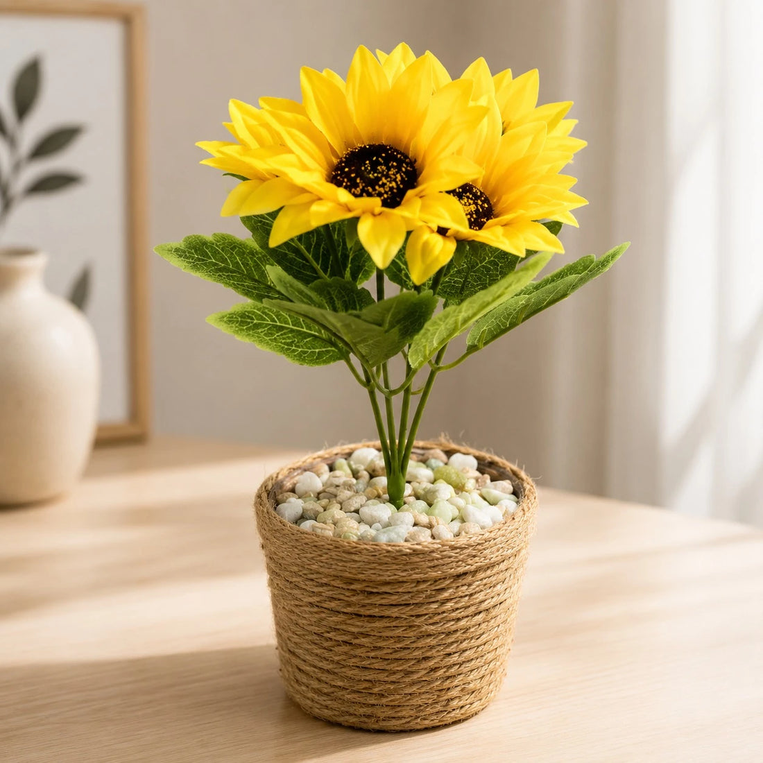 Artificial Sunflower Potted Plant Decorative Floral Arrangement Tabletop Home Office Decor Yellow Flowers