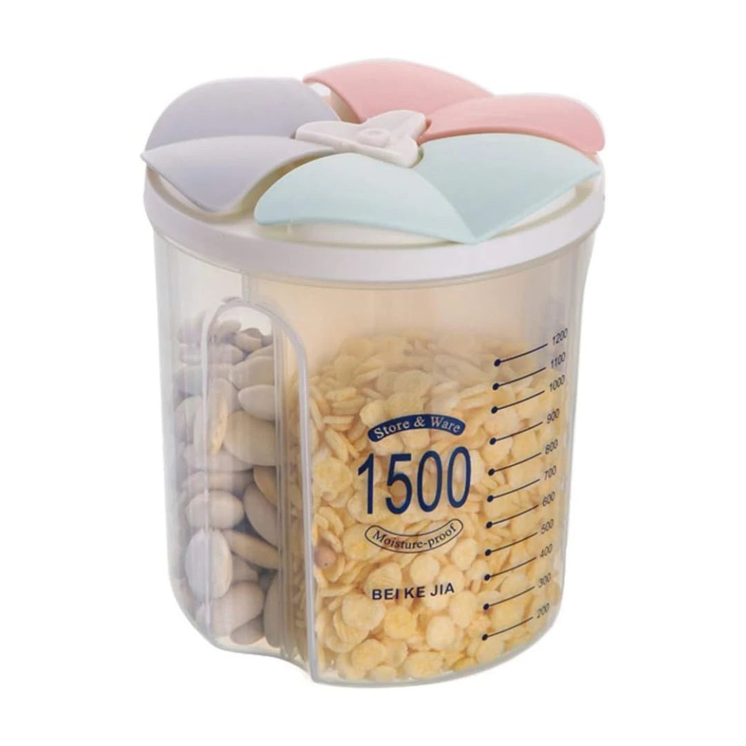 1500ml Multi-Compartment Airtight Food Storage Container with Petal-Shaped Pouring Lid for Grains Nuts Cereal and Dry Food
