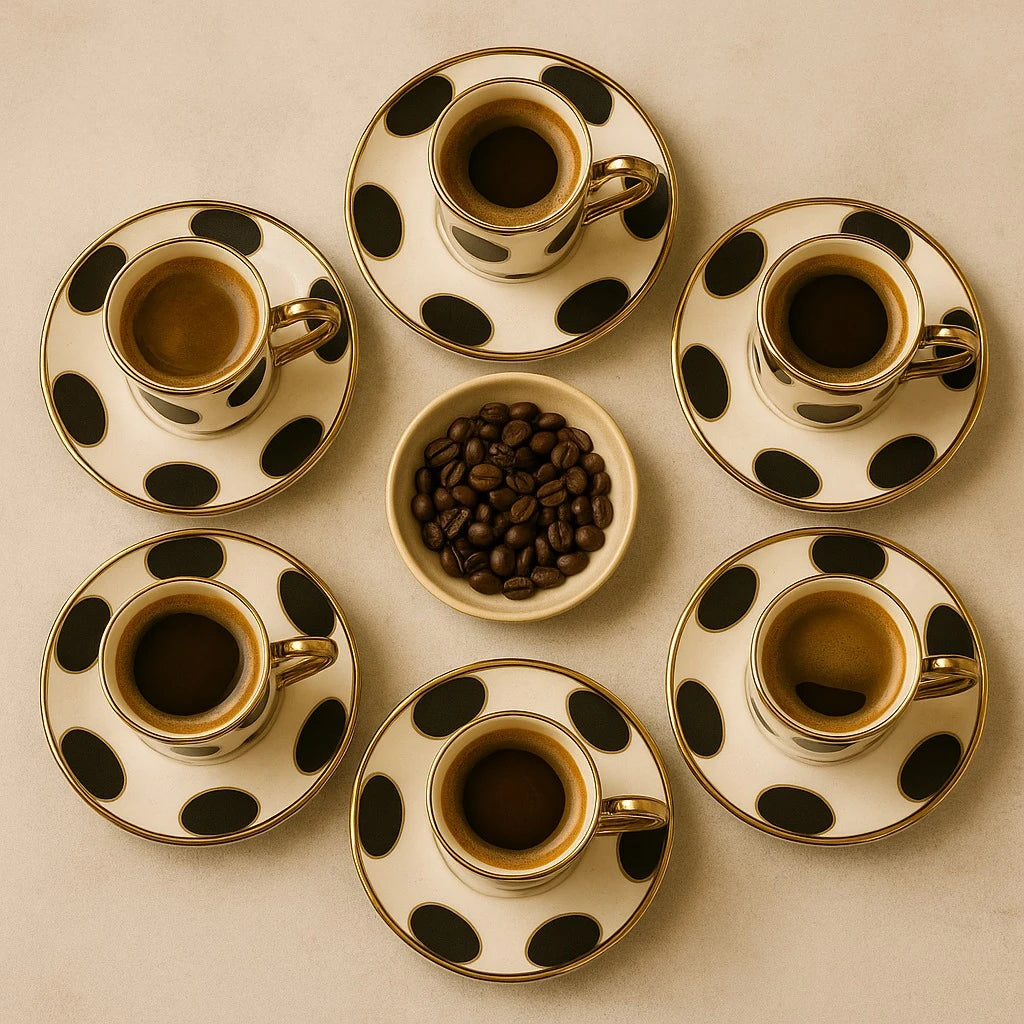 6 Piece Polka-Dot Porcelain Coffee Cup Set with Saucers