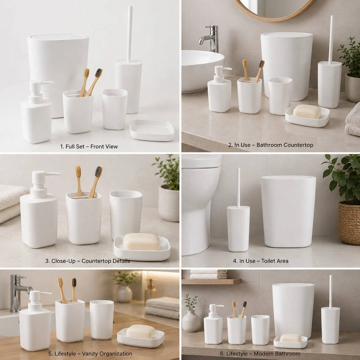 6 Piece White Plastic Bathroom Accessories Set with Trash Bin Soap Dispenser Toothbrush Holder Tumbler Soap Dish and Toilet Brush