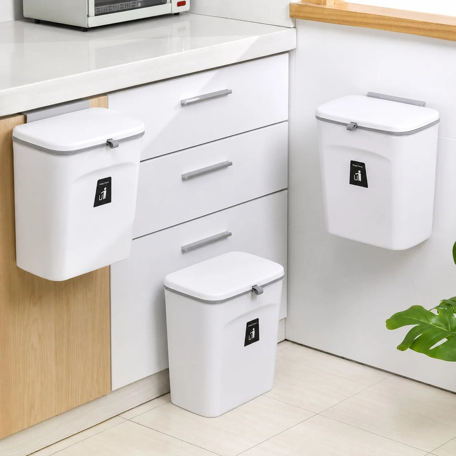 Wall Hanging Kitchen Trash Bin with Lid Cabinet Hanging Garbage Bin Wall Mounted Waste Bin Plastic Trash Can with Adhesive Holder